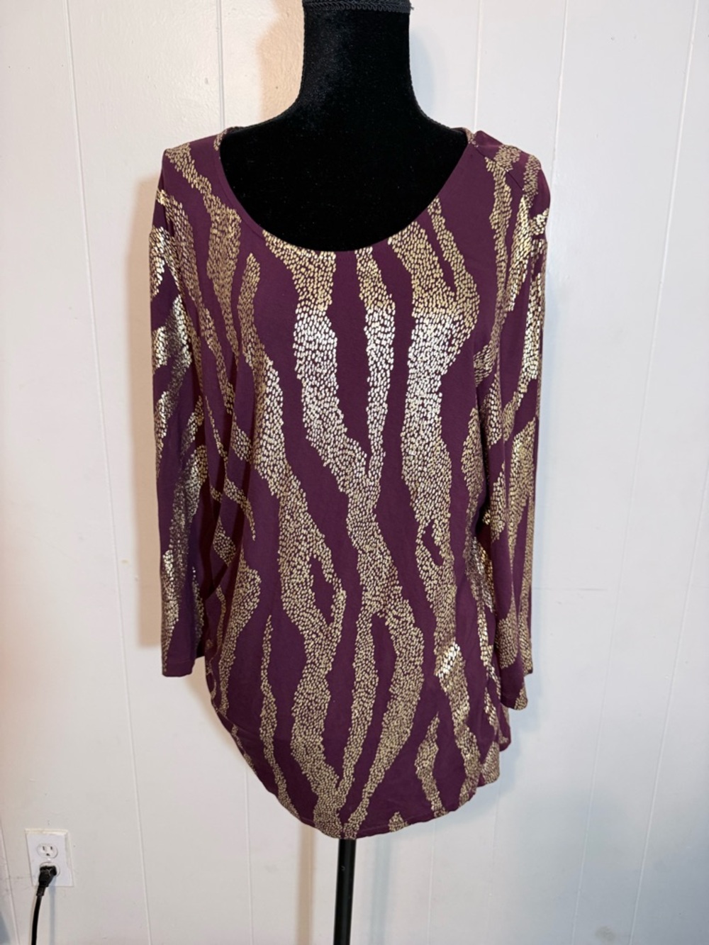 JM Collection Plum Long Sleeve Scoop Neck Top with Metallic Gold Print